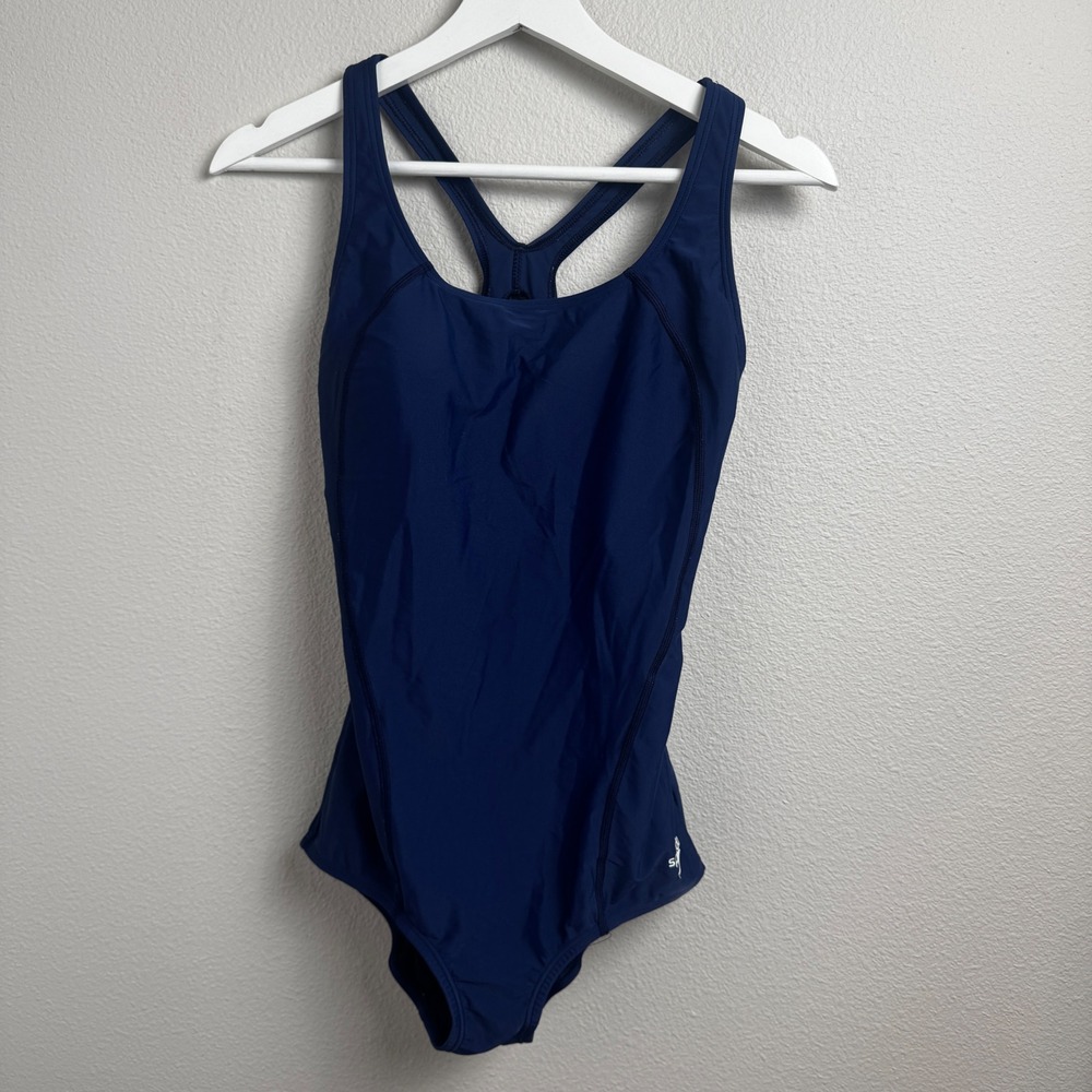 Speedo PowerFlex One Piece Swimsuit 8 Athletic Navy Blue Racerback Shelf Bra